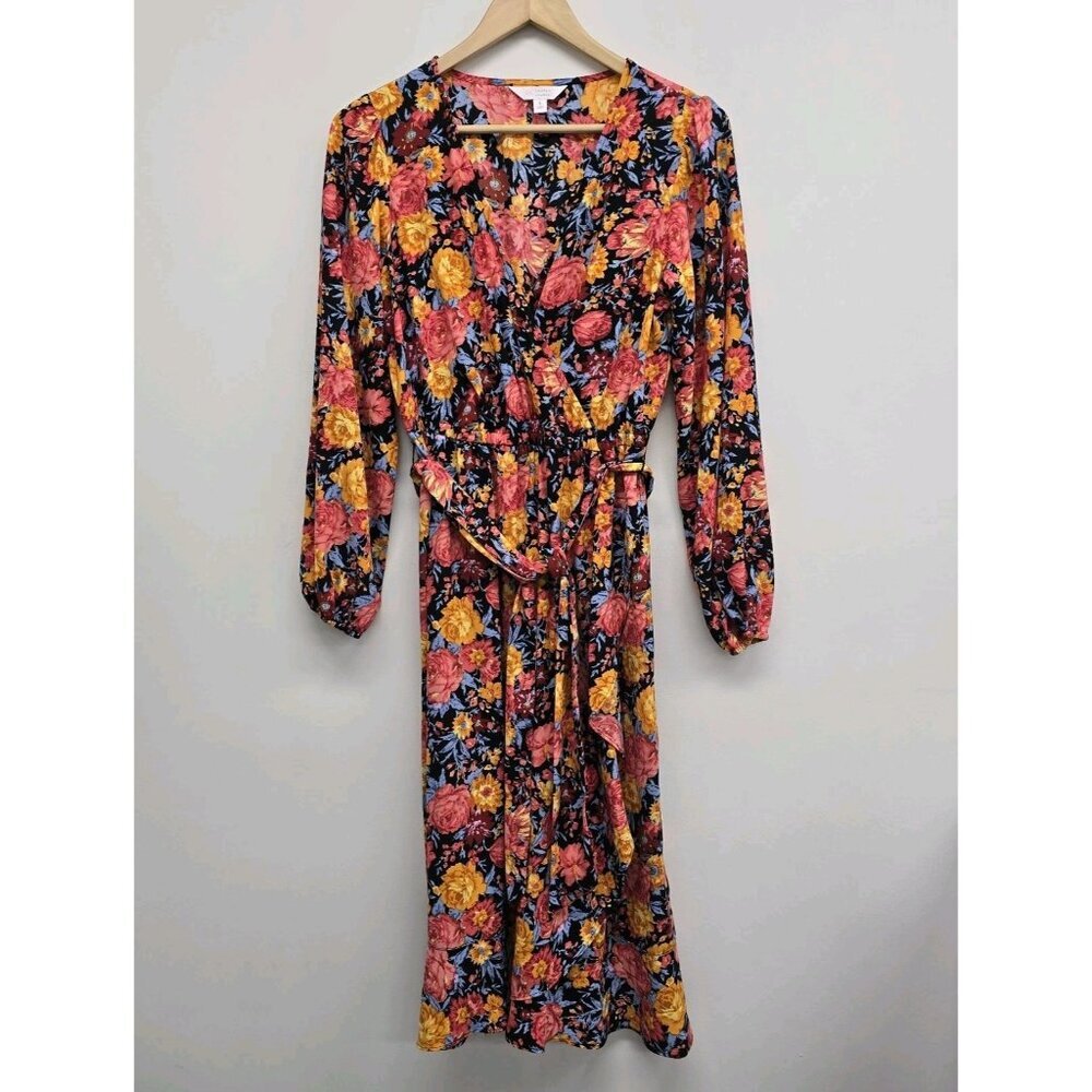 LC Lauren Conrad Floral Print Faux Wrap Dress Sz S Elastic Waist Belted Vibrant